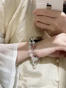 Bracelet de montre connectée en perles de pierre avec pendentif lune, élégant bracelet.