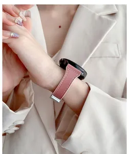 Pink genuine leather watch strap 22mm, comfortable texture and elegant wrist design detail.