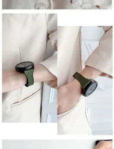 Detailed view of dark green genuine leather watch strap worn on wrist, premium texture style.