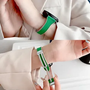 Green genuine leather watch strap with silver magnetic folding clasp, replacement band.