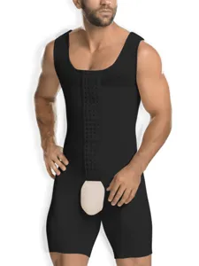 Men's compression body shaper bodysuit with front button closure, abdominal control and waist support.