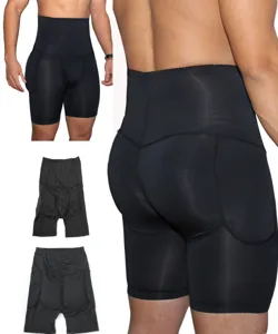 Men padded shapewear detail view, high waist breathable hip enhancer boxer briefs black color.