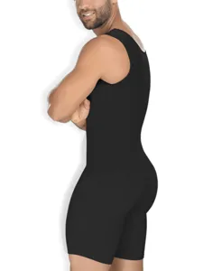Men's black full body shapewear detail shot, designed for tummy control, waist training and hip lift.