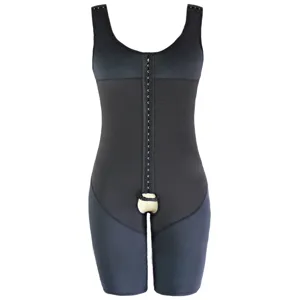 Close-up detail view of the black men's full-body shaper featuring front hook-and-eye closure.