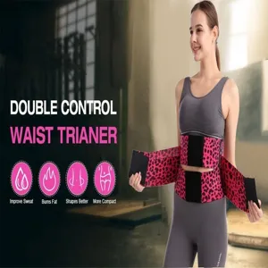 Detail view of women's leopard print waist trainer double control fitness workout belt.