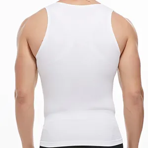Back detail view of men seamless compression shaping vest, breathable and tight fit.