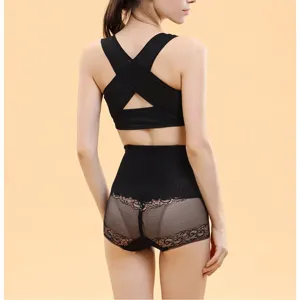Schwarzes X-Rücken Haltungskorrektur-Miederwaren-Set für Damen, Rückenstütz-BH und Taillentrainer.