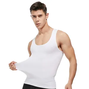 Men's seamless compression tank top, breathable sleeveless sports body shaping vest.