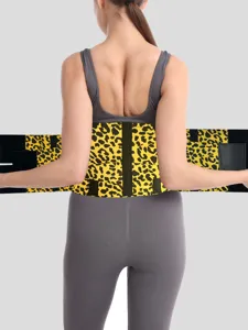 Back view detail of the yellow leopard print waist support belt showing lumbar compression design.