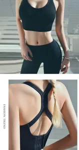 Detail view of black seamless sports bra featuring wide straps and stylish cross back.
