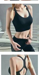 Detailed view of black seamless sports bra featuring a scoop neck and stylish racerback.
