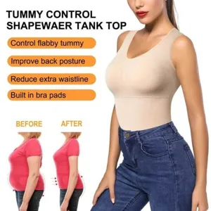 Detail shot of beige seamless shapewear tank top featuring tummy control and back support design.