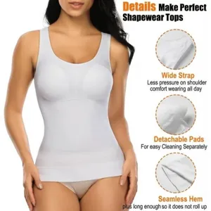 Women seamless shapewear tank top with wide straps and detachable pads for daily comfort.