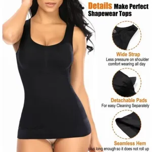 Detail view of women black seamless shapewear tank top featuring wide straps and removable pads.
