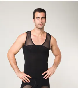 Men's compression body shaper vest detail, breathable black mesh slimming tank top.