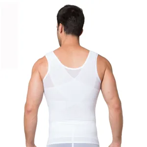 Men white body shaper vest slim waist support back correction compression shapewear.