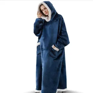 Oversized wearable blanket hoodie detail, long fleece TV blanket robe with pockets.