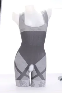 Grey seamless body shaper detail, breathable knit fabric, tummy control and open crotch design.