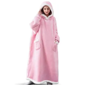 Close-up detail of the pink wearable blanket hoodie showcasing plush fleece and cozy sherpa trim.
