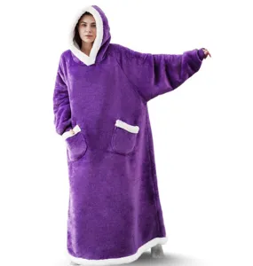 Long purple wearable blanket hoodie with white sherpa lining, oversized pockets and cozy hood.