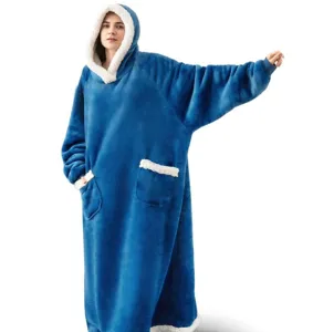 Oversized wearable blanket hoodie with sherpa lining, long flannel TV blanket robe cozy warm.