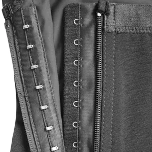 Black waist trainer detail shot showing metal hooks and smooth zipper closure construction.
