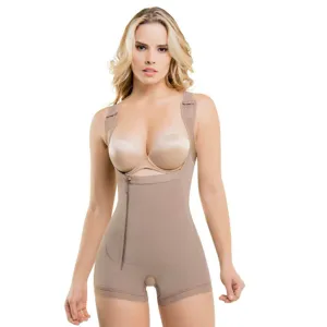 Beige full body shaper bodysuit with front zipper tummy control shapewear for women daily use.