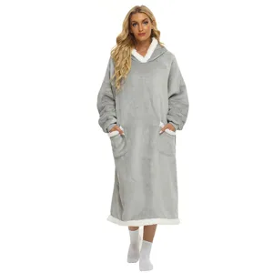 Oversized wearable blanket hoodie detail, long fleece tv blanket with cozy sherpa lining pockets.