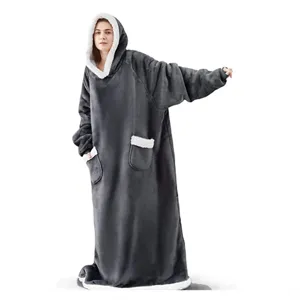 Oversized Wearable Blanket Hoodie Extra Long Flannel Sherpa Fleece Hooded Sweatshirt Blanket With Pockets Thick Warm TV Blanket Robe For Women Men