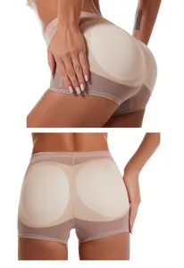 Detail shot of women's padded butt lifting shapewear shorts, nude color, seamless design.