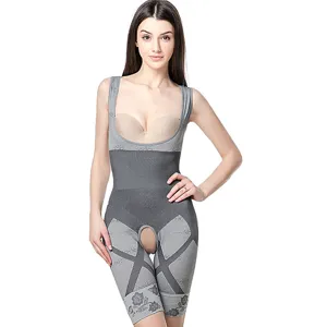 Womens full body shapewear bodysuit waist trainer tummy control open bust grey color