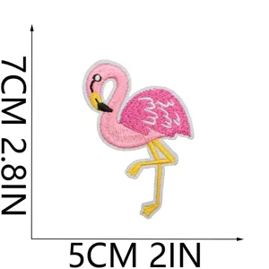 Cute pink flamingo embroidered patch detail, iron-on bird badge with 7x5cm dimension.