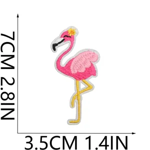 Cute flamingo embroidered patch appliques DIY clothing decorative badge with clear size specs.