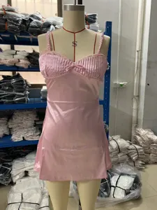 Pink satin slip dress women sexy cami lace trim mini dress summer party club wear