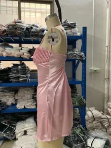 Pink satin slip mini dress with lace trim and pleated bust for women summer sexy style.