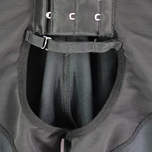 Men shaping body suit detail view, black compression waist trainer with hooks and breathable mesh.