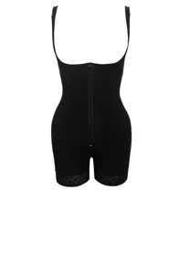 Body gaine minceur noir pour femme fermeture éclair avant bordure en dentelle vue de détail.