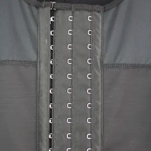 Close-up detail of men's waist shaper hook and eye closure breathable black fabric design.