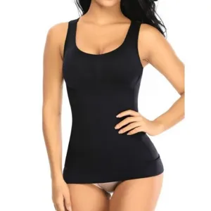 Black seamless slimming camisole detail, comfortable wirefree shapewear top for daily wear.