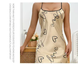 Sexy Seidentuch Nachthemd für Damen, atmungsaktives Camisole Schlafkleid mit Love-Print.