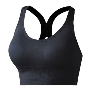 Black seamless sports bra with wide straps and racerback design for comfortable yoga and fitness.