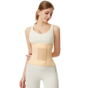Verstellbarer beiger Taillenstützgürtel Detailansicht, atmungsaktives elastisches Fitnessmaterial.
