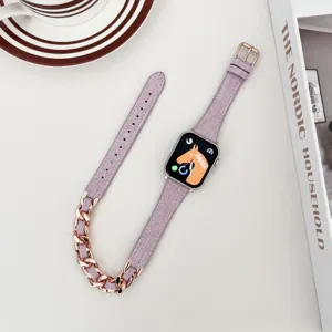Lila Jeansstoff Roségold Kette Apple Watch Armband, stilvolles doppeltes Uhrenarmband Detail.