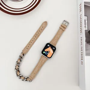 Detailansicht des khaki leinen und metallkette gefuegten doppelten uhrenarmbands.