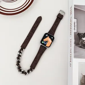 Mode Jeansstoff Metallkette Doppelter Tour Smart Watch Band Ersatzarmband Armband Schmuck