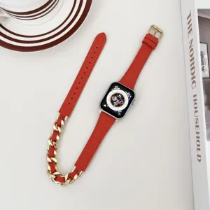 Rotes Jeansgewebe und Goldkette Double Tour Armband für Apple Watch, stilvolles Accessoire.
