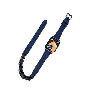 Blaues Jeansstoff und Metallkette doppelt gewickeltes Smartwatch Armband, stylisches Ersatzband.
