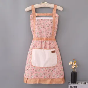 Womens Waterproof Kitchen Apron Cute Floral Cooking Apron With Wipeable Pocket Adjustable Bib Aprons For Home Baking