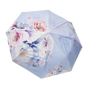 Floral print sun umbrella with UV protection, double layer black glue for sunny rainy days.