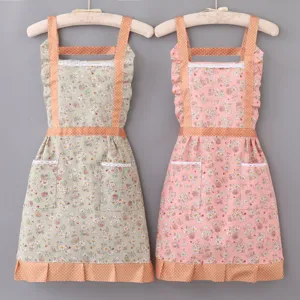 Cute pastoral floral apron for home kitchen cooking, women's durable waist apron workwear